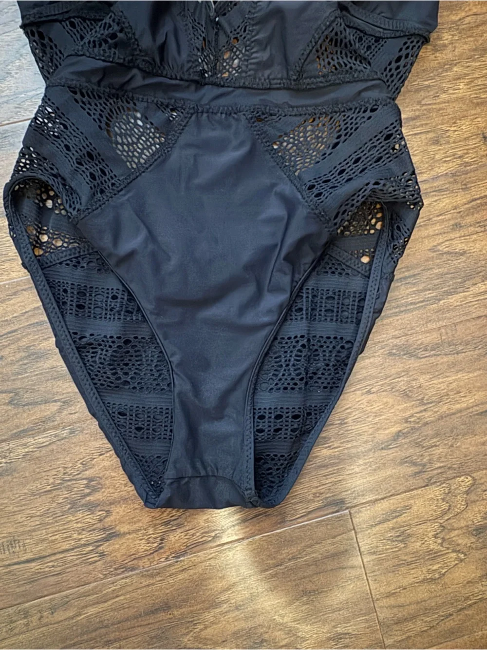 BECCA Black Color Play Plunge Crochet One-Piece Swimsuit - Picture 7 of 8